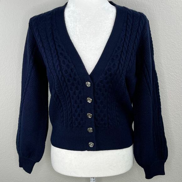 Elie Tahari Navy Blue Cable Knit V-Neck Cardigan Sweater NWT Medium - Picture 3 of 16